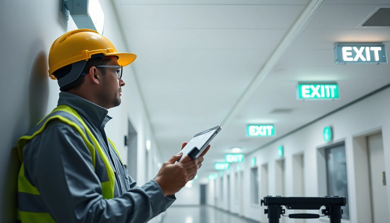 Performing Emergency Light Testing on safety fixtures in a commercial building setting.