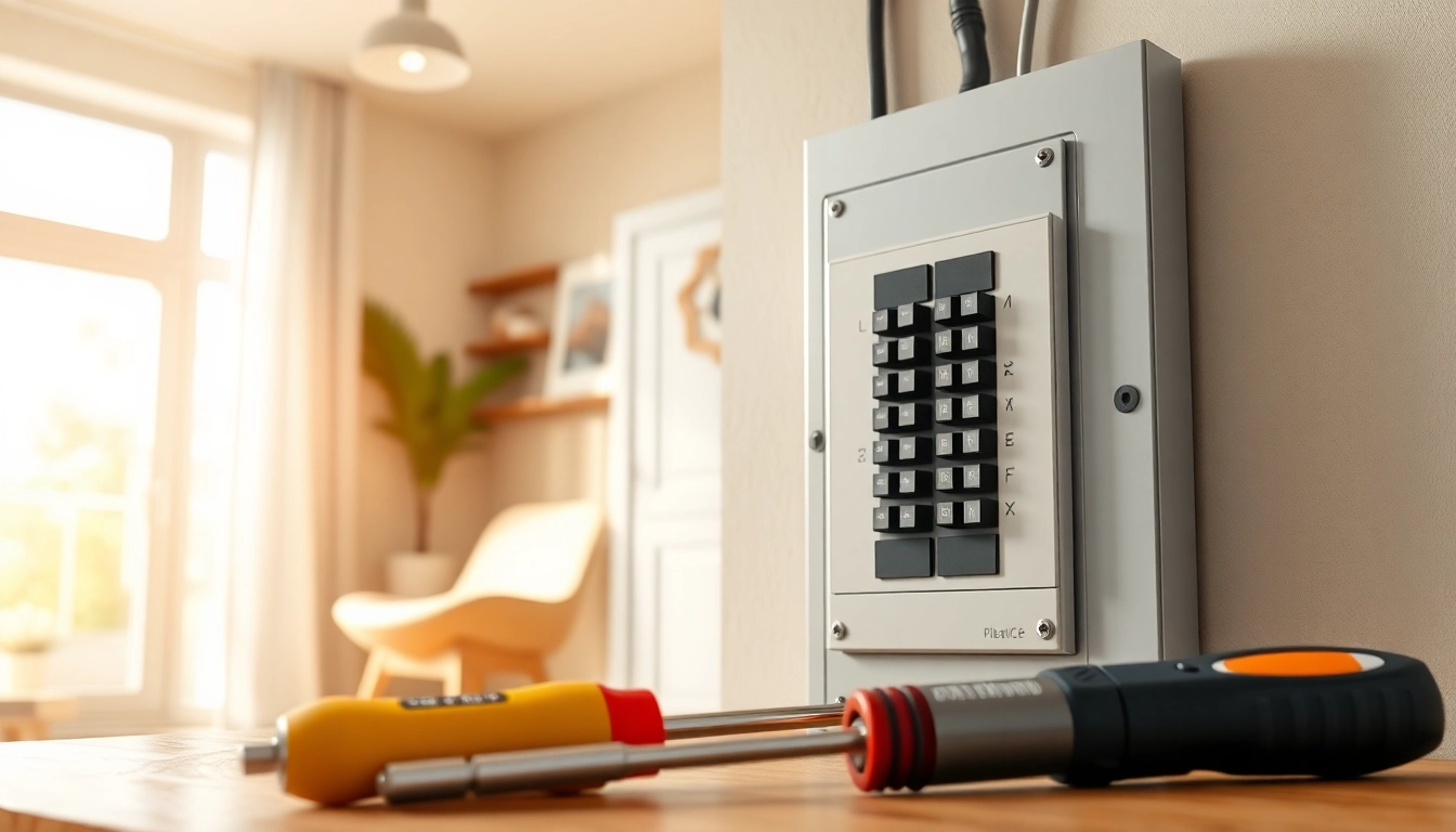 An electrical panel with clearly labeled breakers, tools, and a neat home setting.