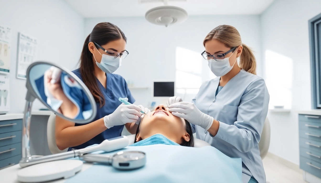 Dental professionals conducting checkups in a bright, clean office, fostering health and hygiene.