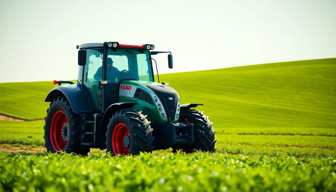 Fendt Traktor in einem Feld mit klaren Details und Traktor auf dem Bauernhof.