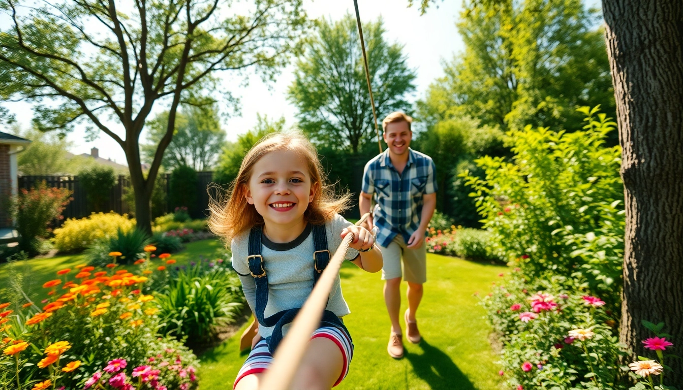 Child gliding on a GARDEN ZIP WIRE KIT, laughter and joy in a bright backyard.