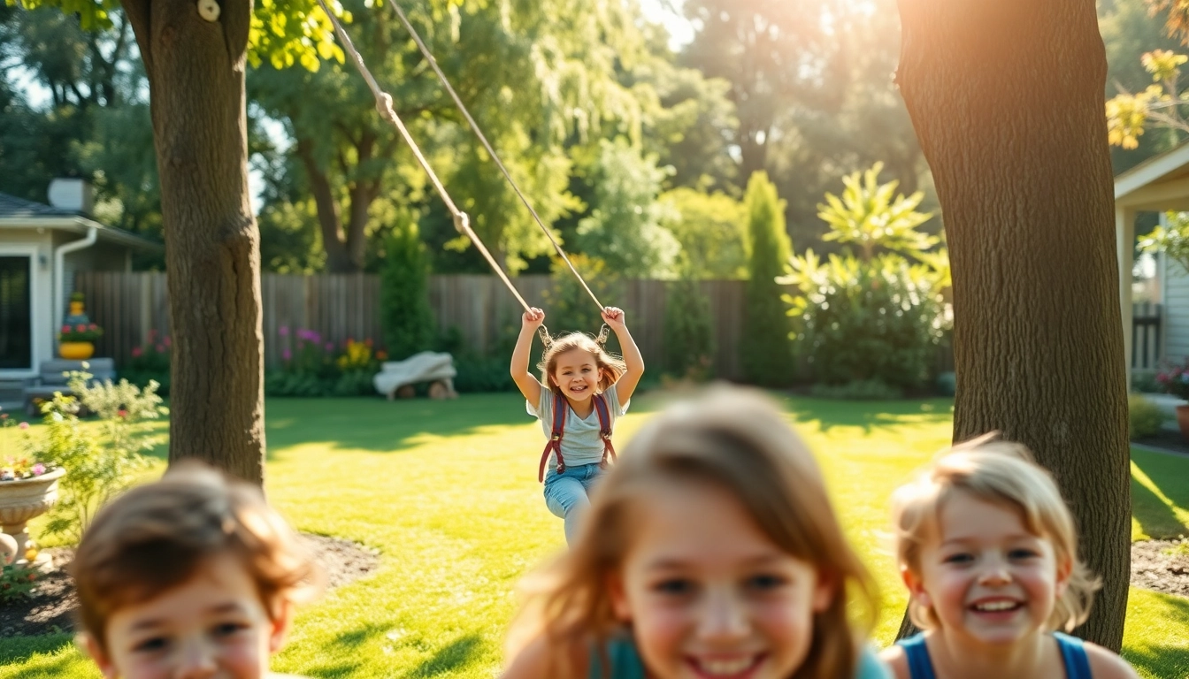 Engaged family enjoying the GARDEN ZIP WIRE KIT in their backyard, showcasing vibrant outdoor fun.