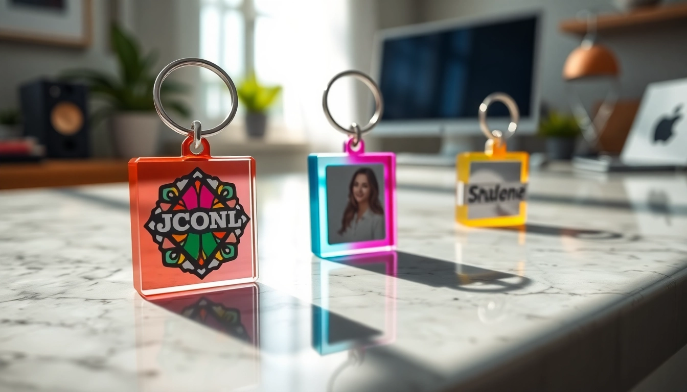 Showcase custom key chain designs featuring logos and photos on a marble surface.