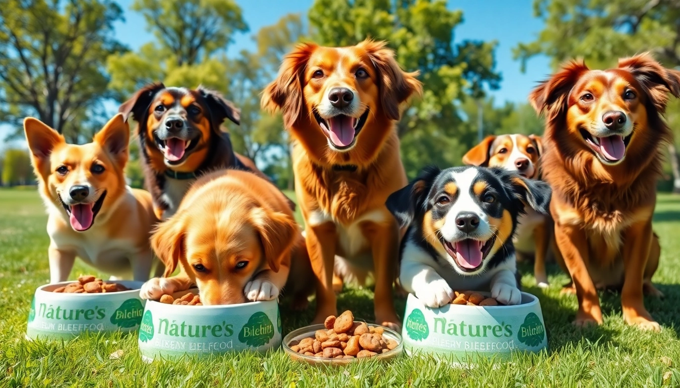 Happy dogs thriving on nature's blend dog food canada in a vibrant outdoor park setting.