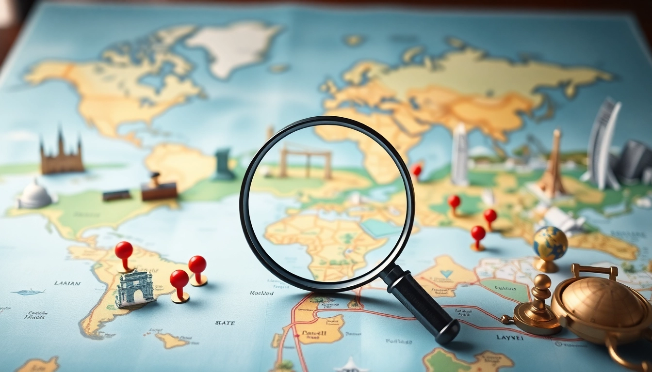 Discover diverse Locations marked on a professional map layout with vibrant cityscapes and adventure.