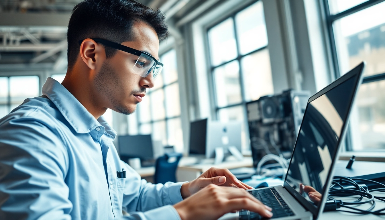 Technician offering computer help near me by repairing a laptop in a bright office.