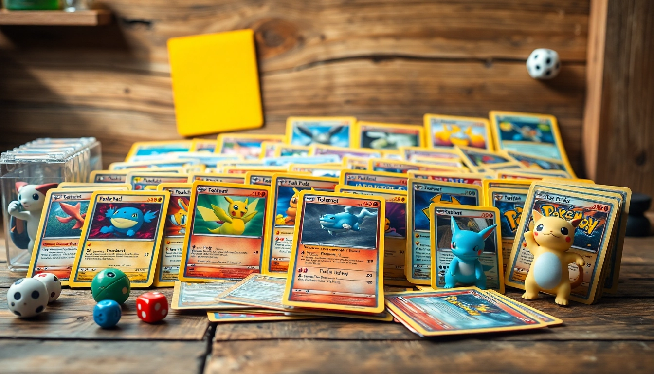 View of real Pokemon cards displayed artistically on a table, showcasing vibrant designs and collectibles.