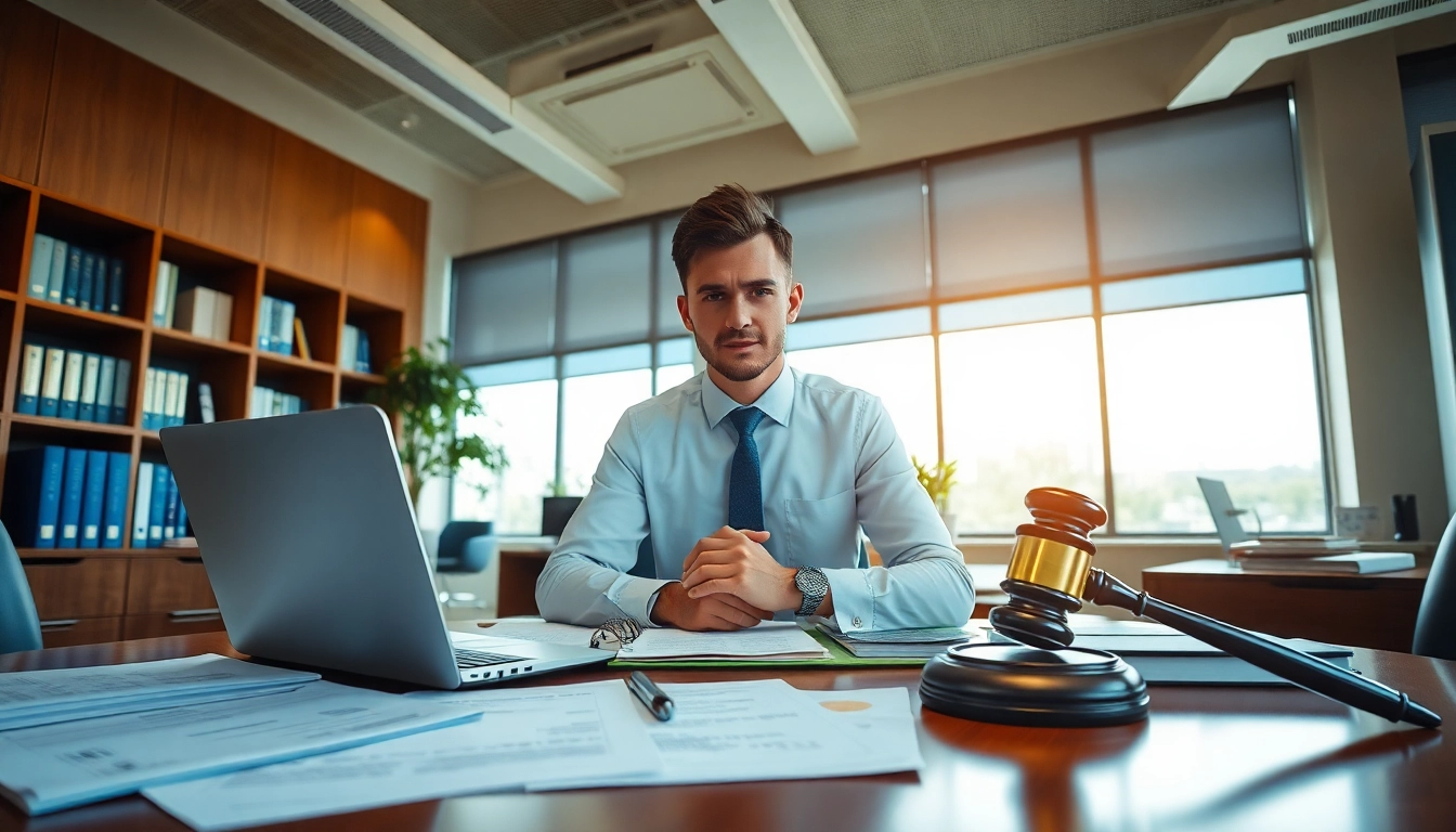 Engaging image of an intellectual property lawyer reviewing important legal documents in a professional office.