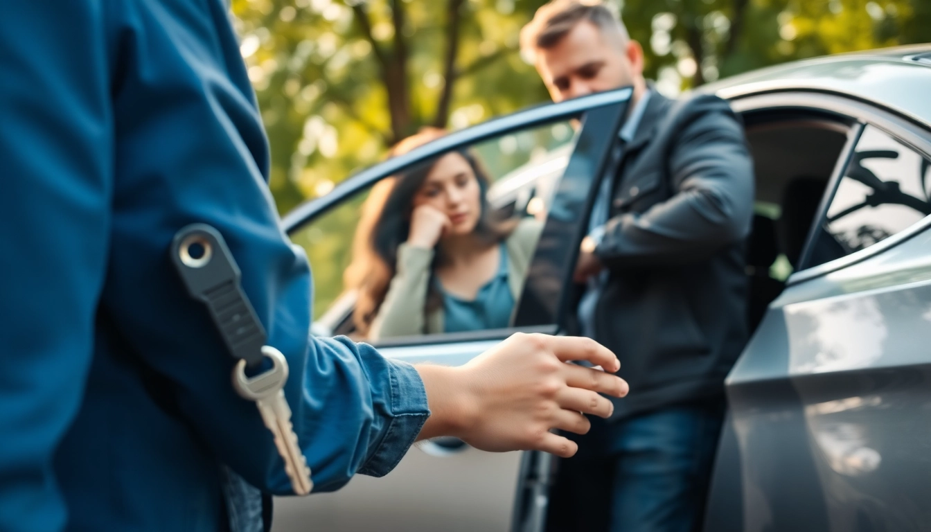 Locksmith expert at work to unlock keys locked in car for a relieved vehicle owner.