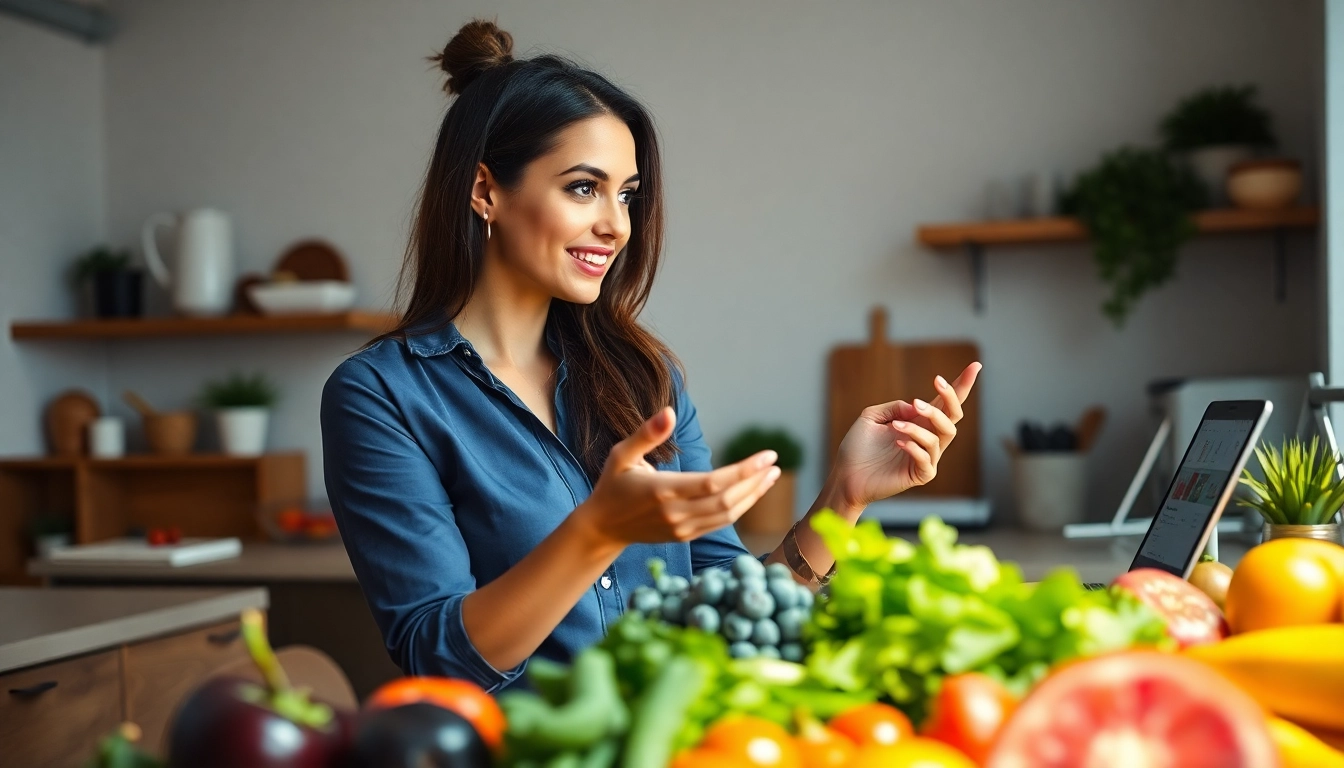 Nutritionist sharing diet meal plans for women in a bright kitchen setting.