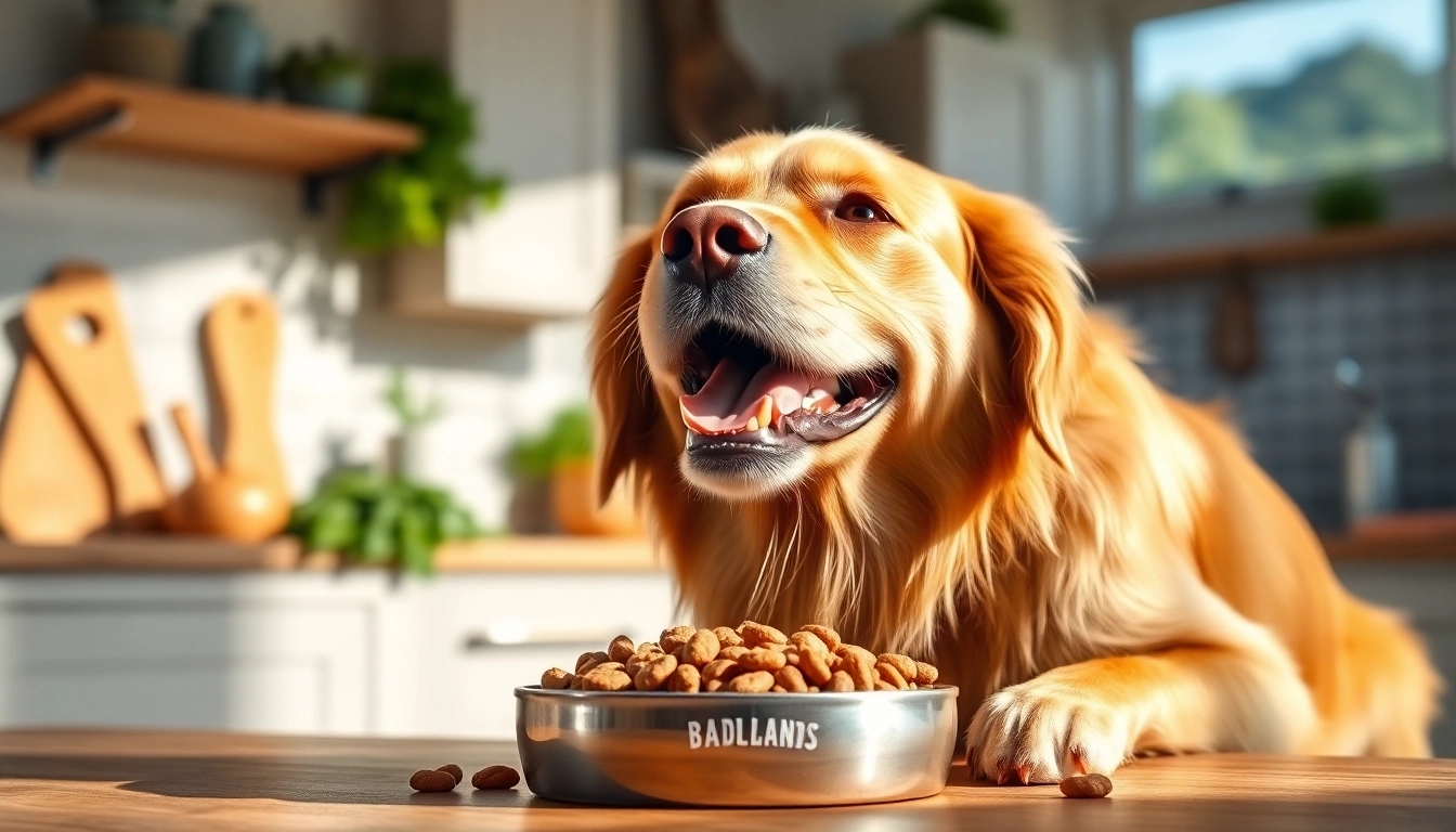 Happy dog relishing badlands ranch dog food in a bright, inviting kitchen.