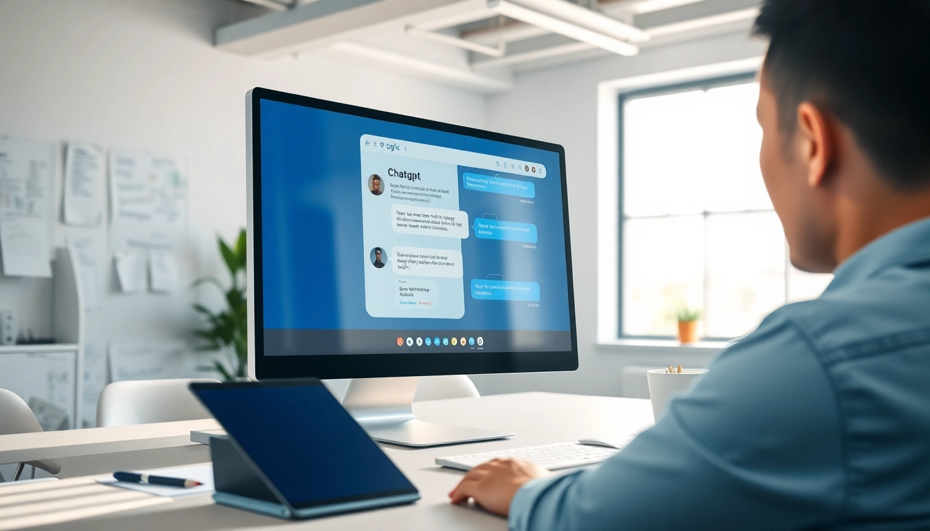 Engaging chatgpt chatbot interface on a modern desk, showcasing seamless technological integration.
