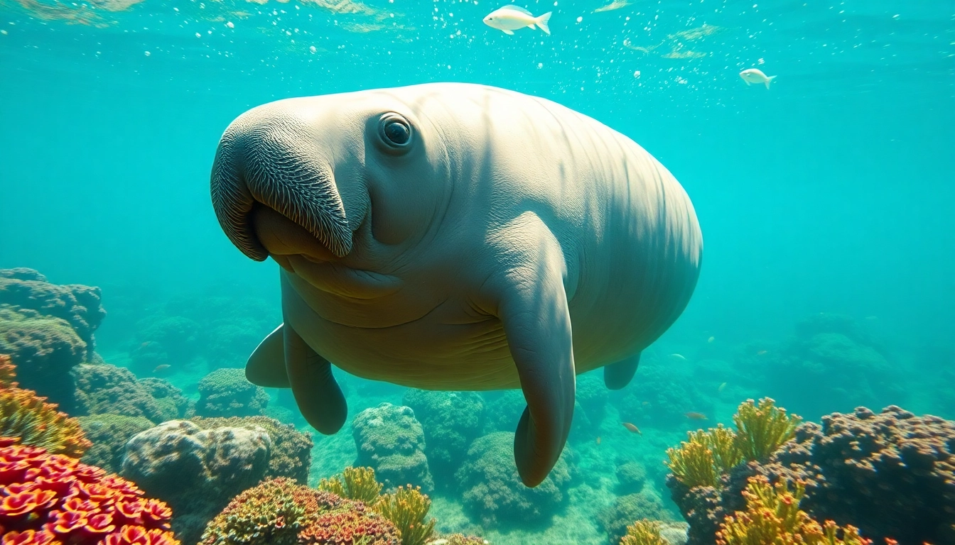 Manatees Puerto Rico swimming gracefully in clear blue waters surrounded by coral and marine life.