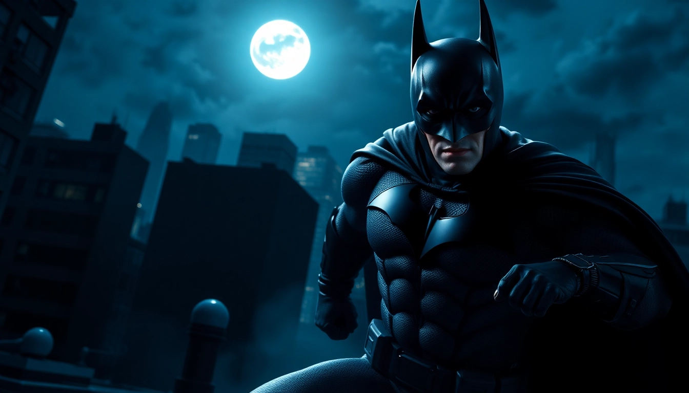 Gambar game batman138 dengan Batman beraksi di latar kota yang gelap dan misterius.