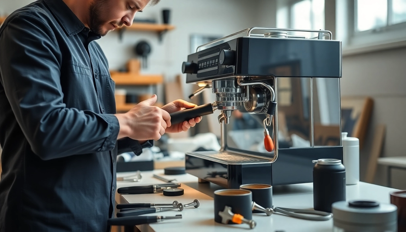 Cimbali service technique being applied by a technician during espresso machine repair.