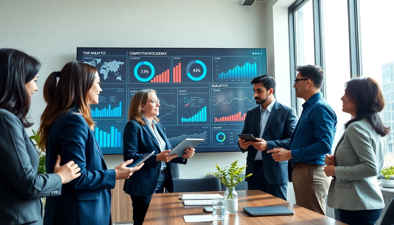 Analyze AI for competitive intelligence data in a bustling, collaborative workspace.