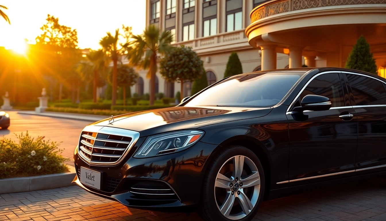 Experience top-notch vip chauffeur service with a luxury sedan in an upscale hotel setting.
