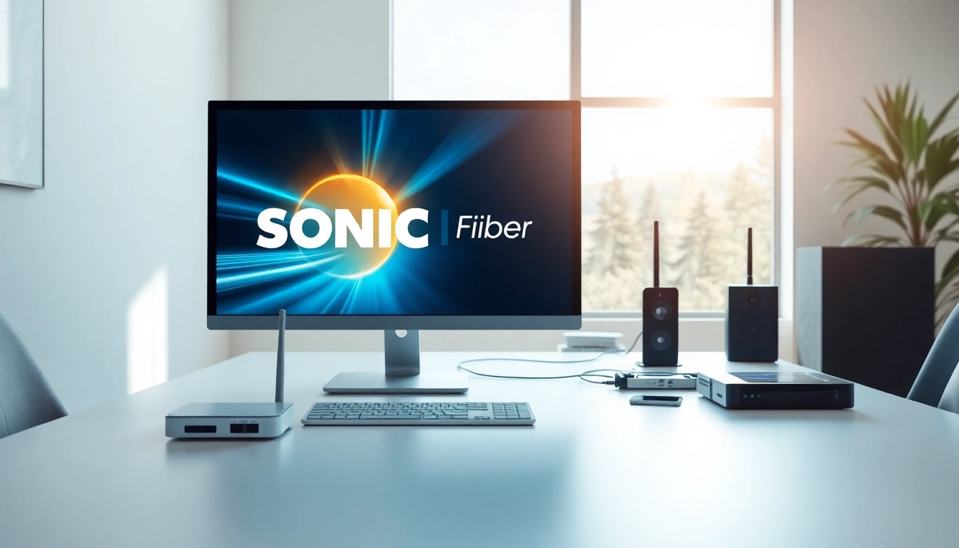 Promote Sonic Fiber Promo with a modern workspace showcasing high-speed internet setup.