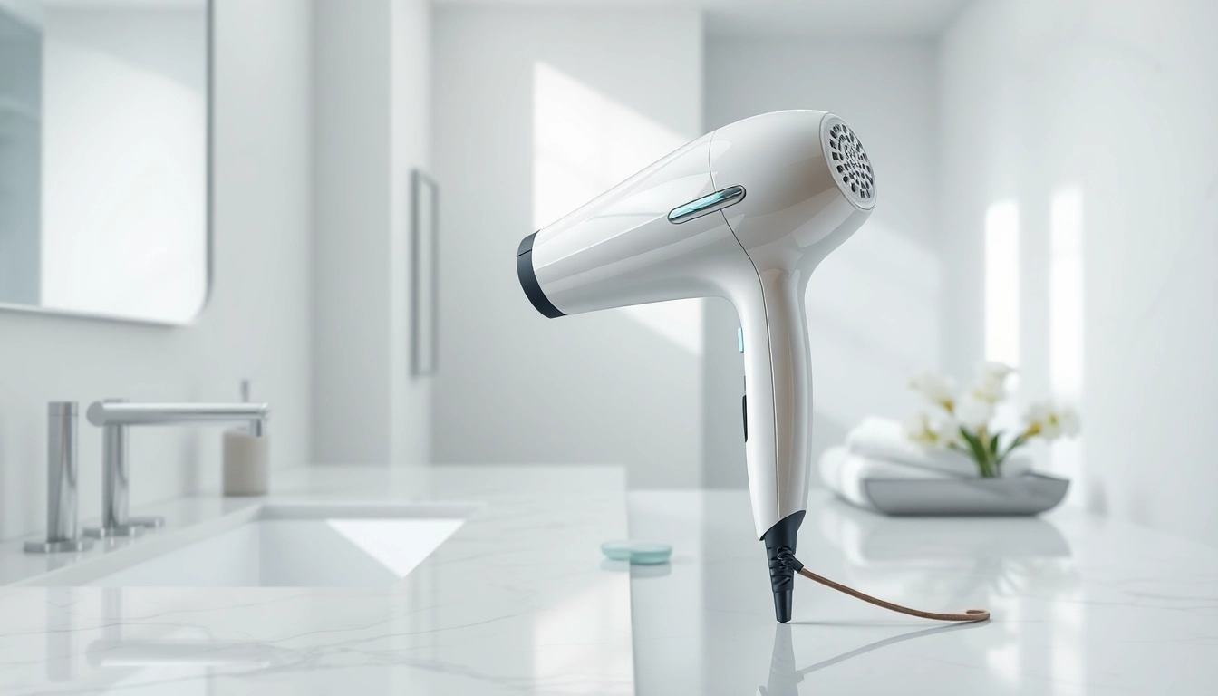 Lightweight hair dryer elegantly displayed on a marble countertop in a bright bathroom setting.