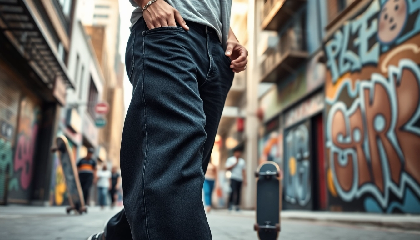 Model confidently showcasing baggy black jeans in a vibrant urban setting.