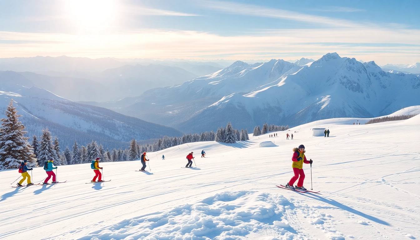 Capture the latest snow report for XXX in a vibrant winter scene with skiing.