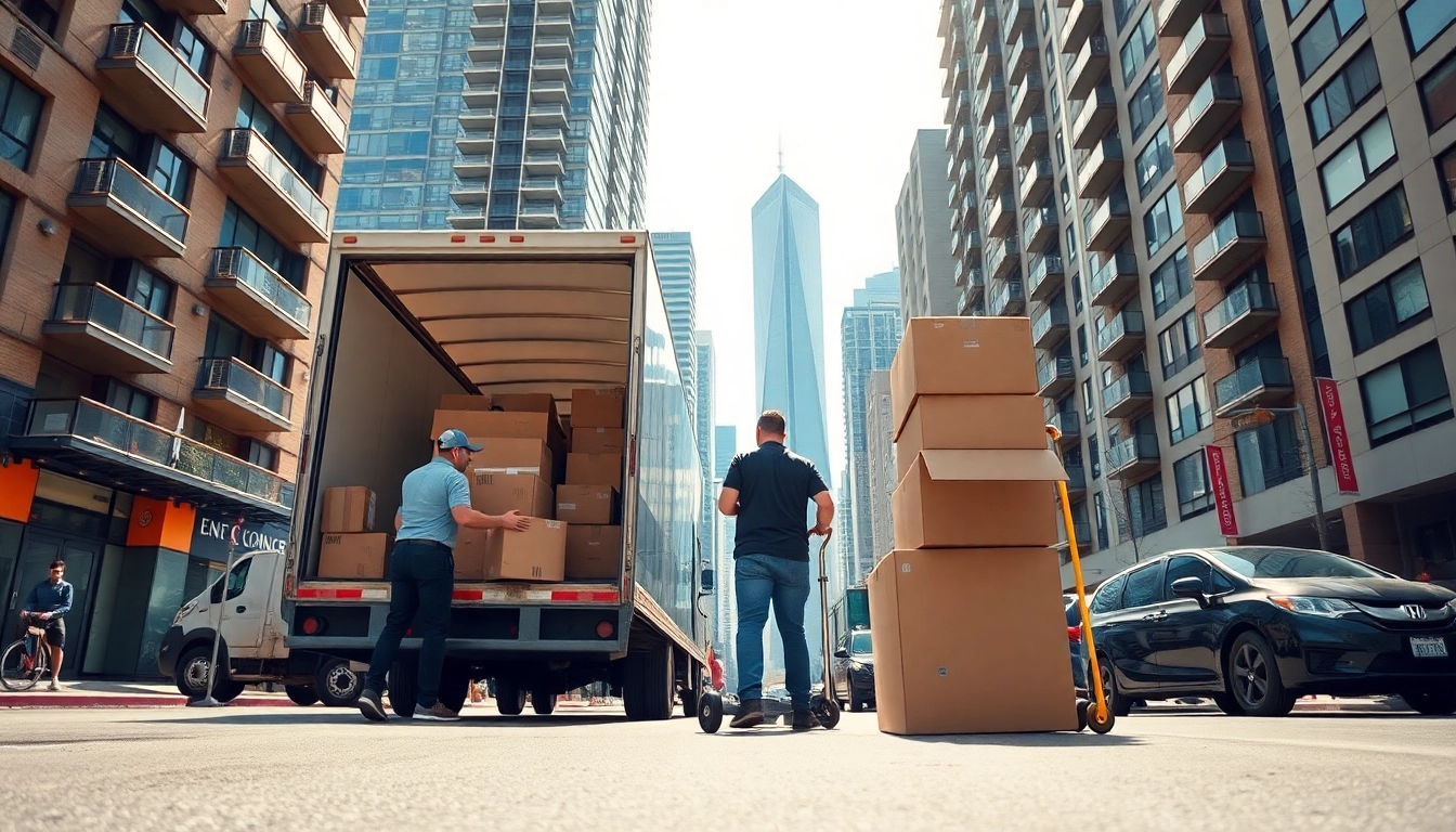 Movers in Toronto efficiently packing a moving truck in a bustling city environment.