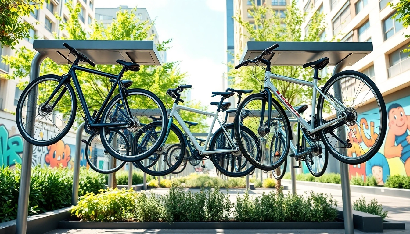Explore urban bike storage solutions with efficient bike racks and a vibrant city backdrop.