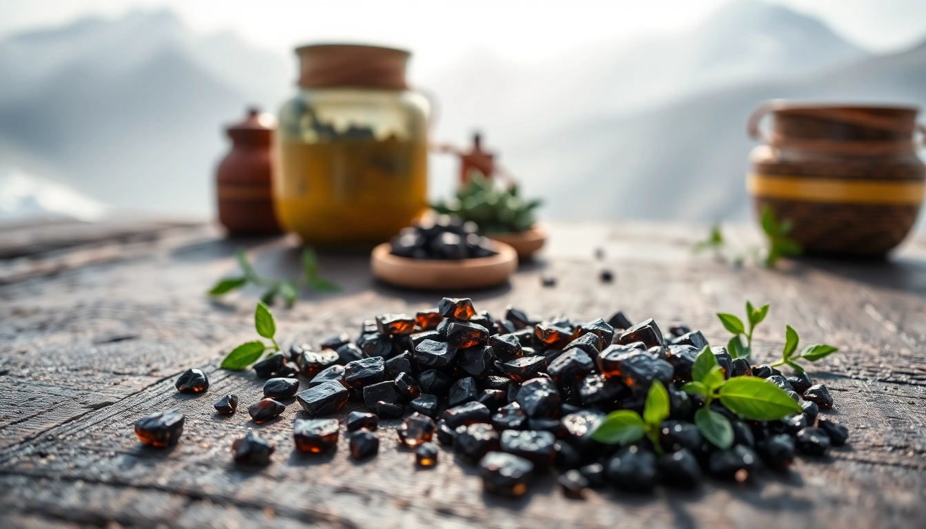 Showcasing Pure Shilajit From Himalaya with traditional herbal elements and mountain background.