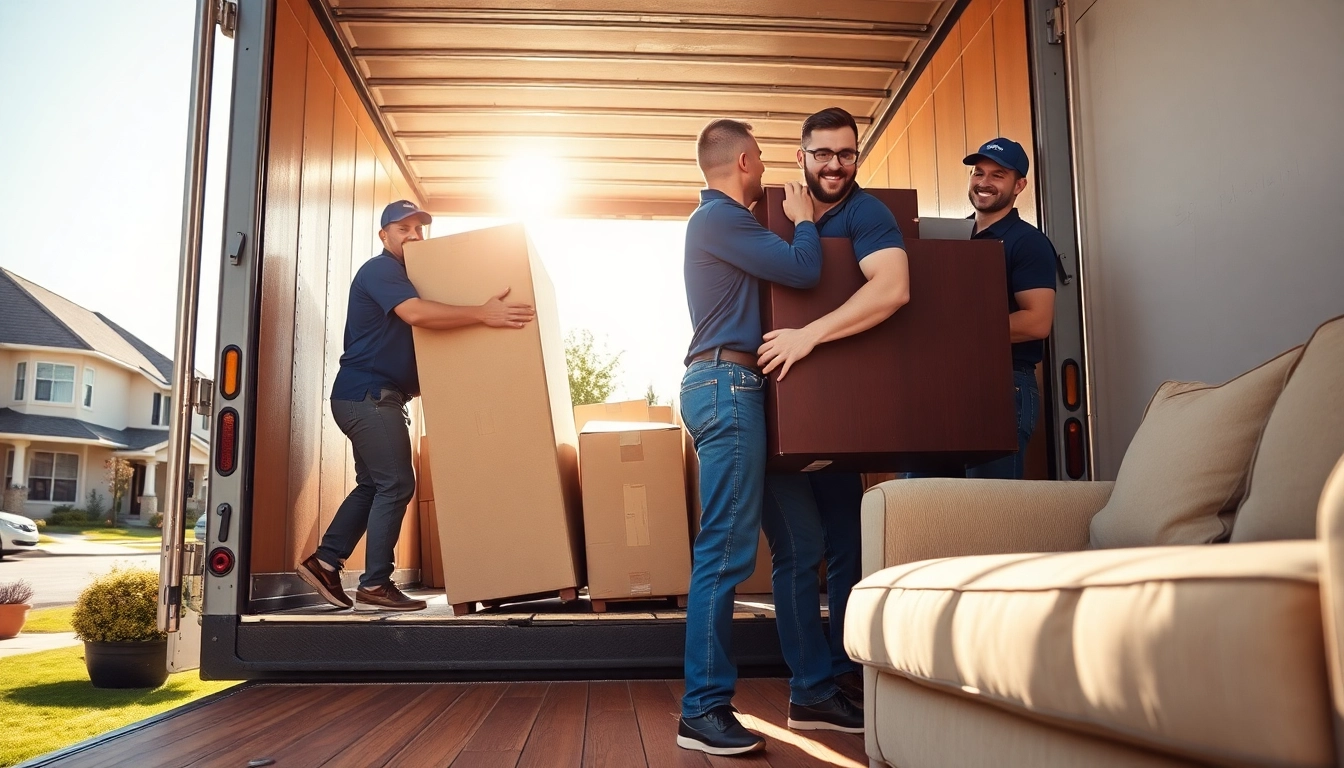 Movers calgary team efficiently moving furniture into a truck on a sunny day.