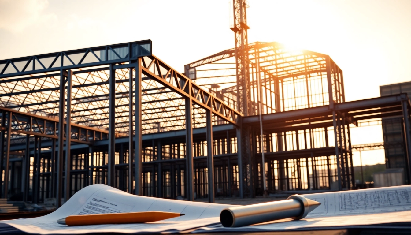 Visualizing steel structure design with construction tools and detailed blueprints in a professional setting.