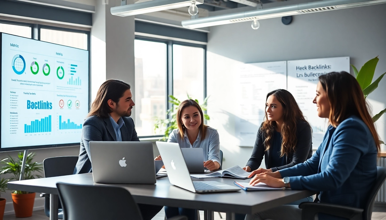 Showcasing a dedicated Link Building Agency team strategizing in a modern office setting with digital metrics.