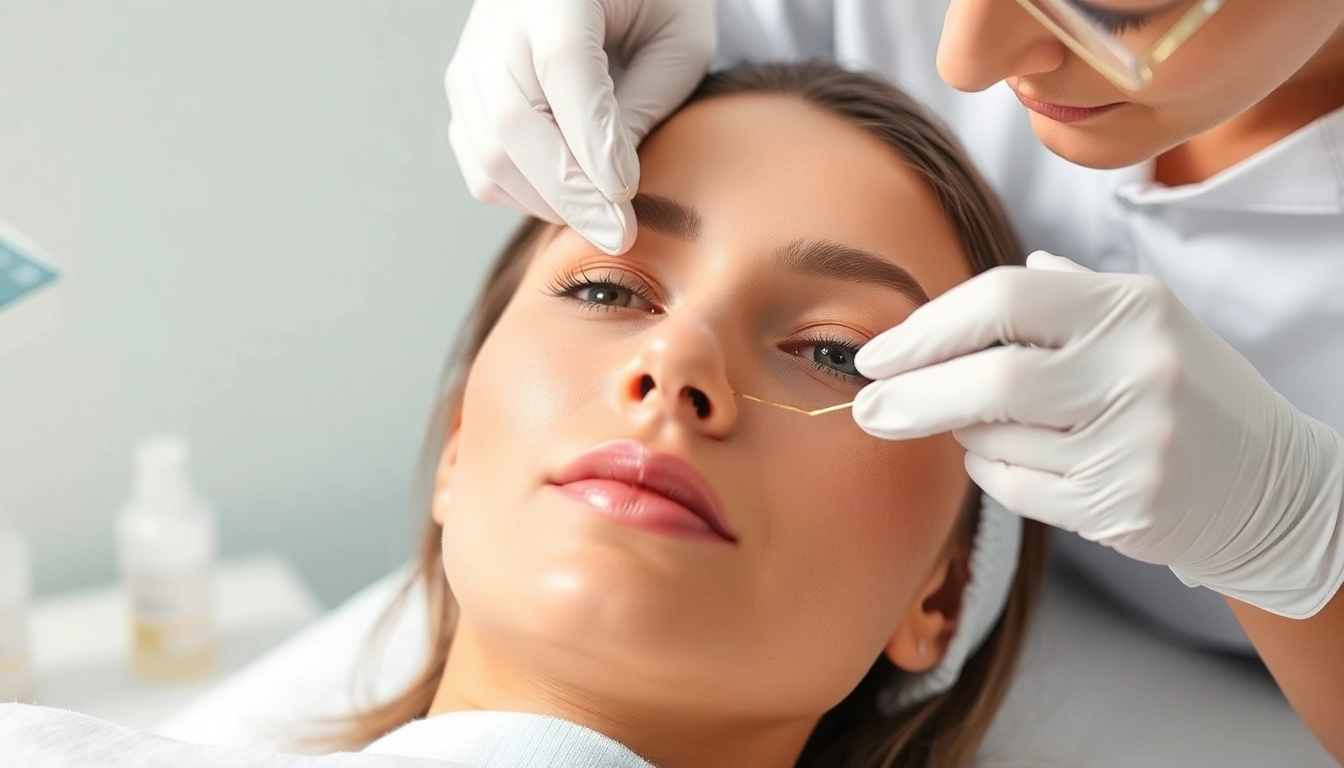 Thread face lift procedure highlighting a practitioner applying threads in a tranquil setting.