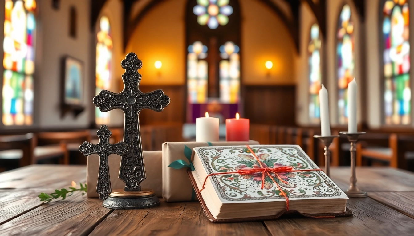 Explore a variety of Christian gifts displayed artfully on a wooden table, showcasing their beauty.