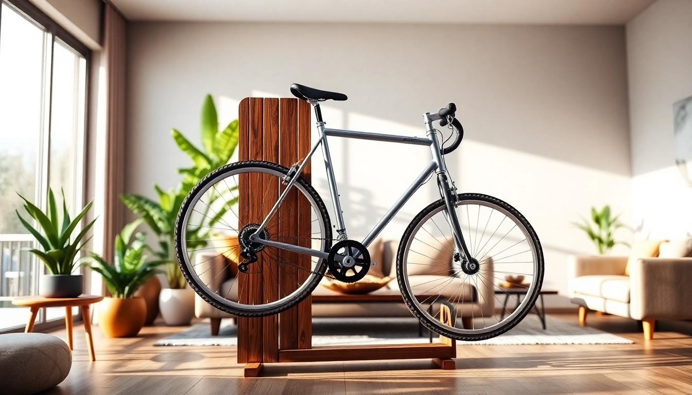 Utilize a stylish bike rack to elegantly showcase bicycles in a modern living space.