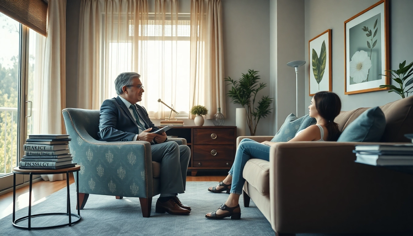Engaged psychologist providing therapy session in a calm office environment.