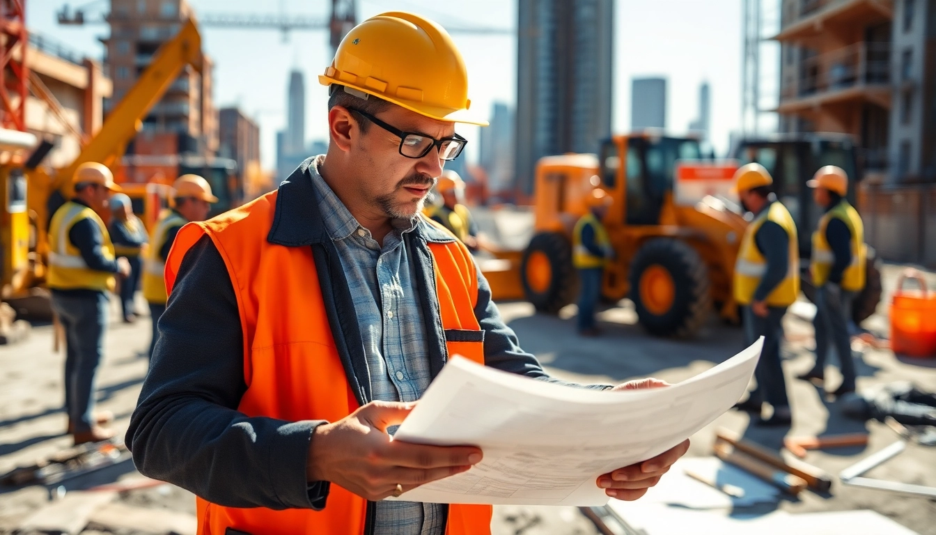 Manhattan Construction Manager reviewing plans at a busy construction site with workers.
