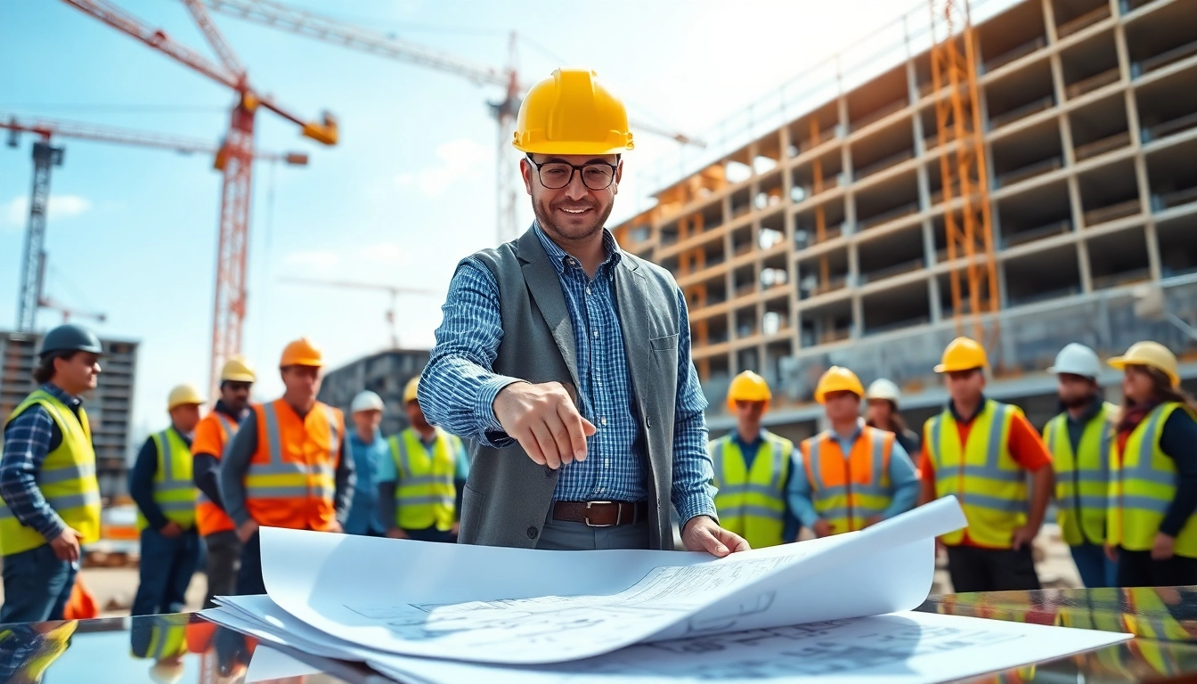 Overseeing New Jersey Construction Manager collaborating on-site with team, demonstrating effective project management.